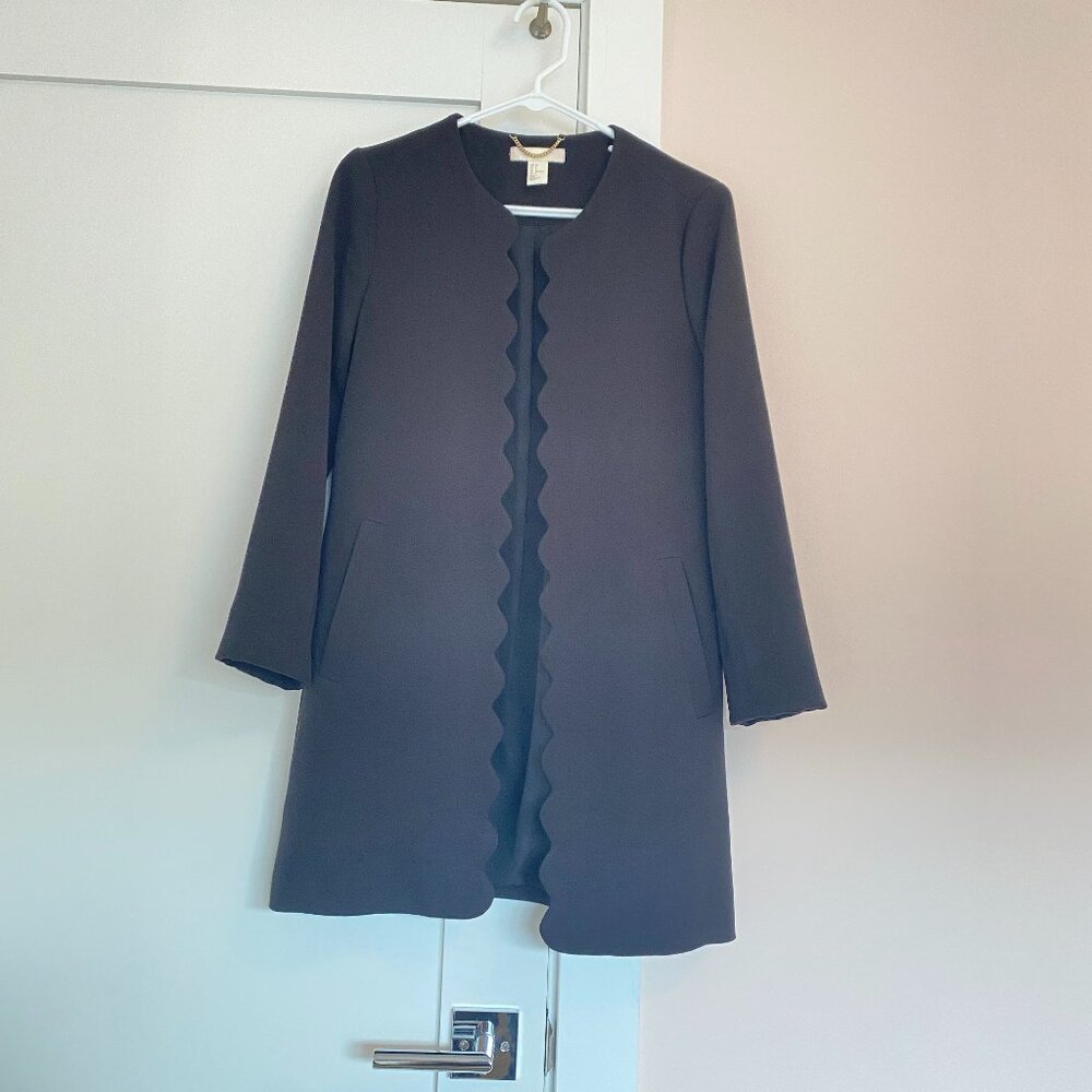 H&M Long Open Jacket Scalloped Hem Side Pockets Size 6 Black